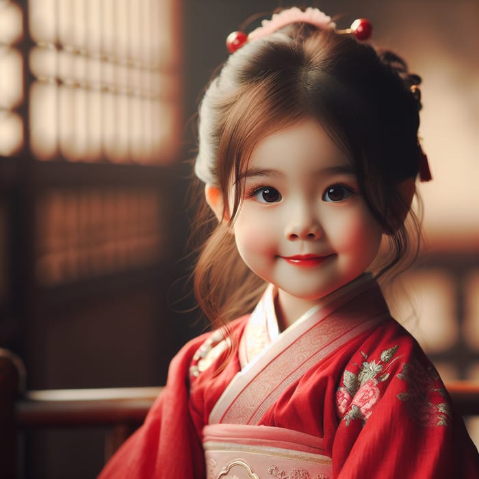 Tranquil Serenity: Four-Year-Old Chinese Girl in Red Hanfu Dress