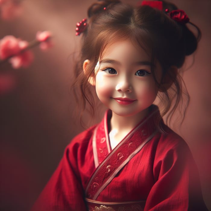 Heartwarming Four-Year-Old Chinese Girl in Red Traditional Hanfu Dress