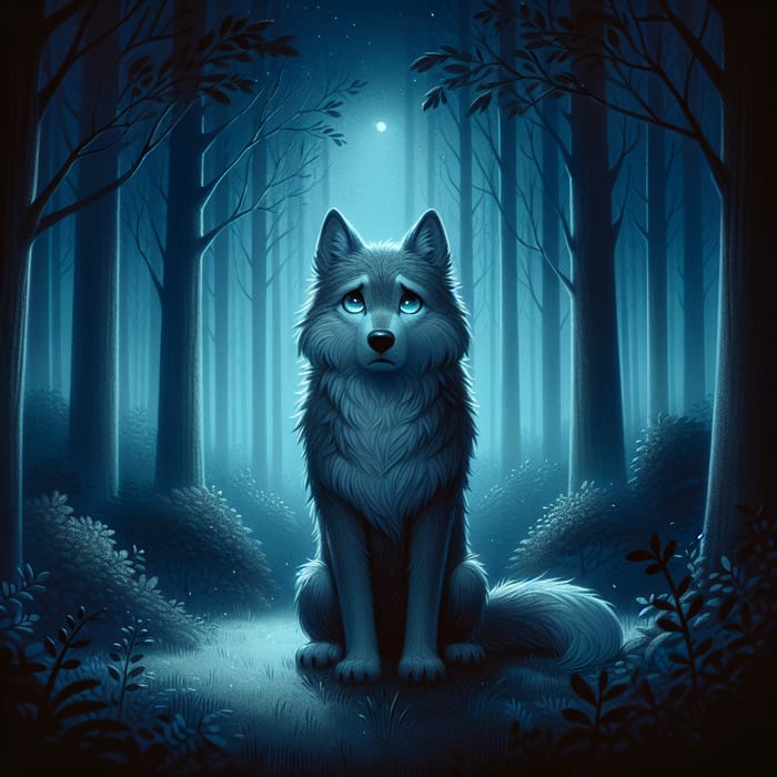 Melancholy Wolf in Moonlit Forest: An Image of Solitude