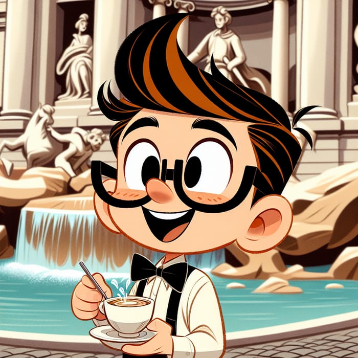 Cheerful Boy Enjoys Coffee at Trevi Fountain