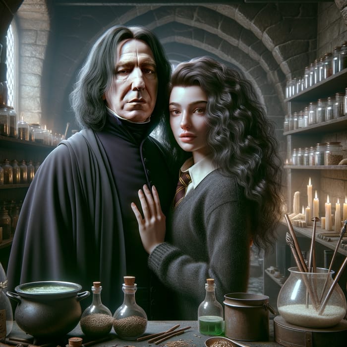 Severus Snape Embracing Beautiful Girl in Hogwarts Potion Brewing Chamber