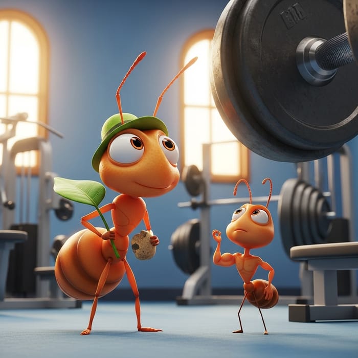 Whimsical Cartoon Ant in a Gym - Easy Peasy
