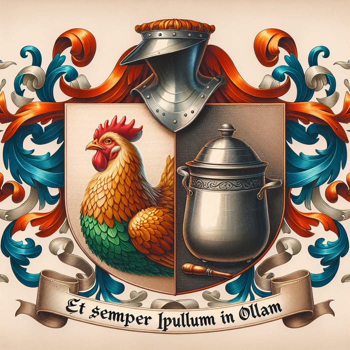 Vintage Coat of Arms with Chicken, Pot, and Parchment