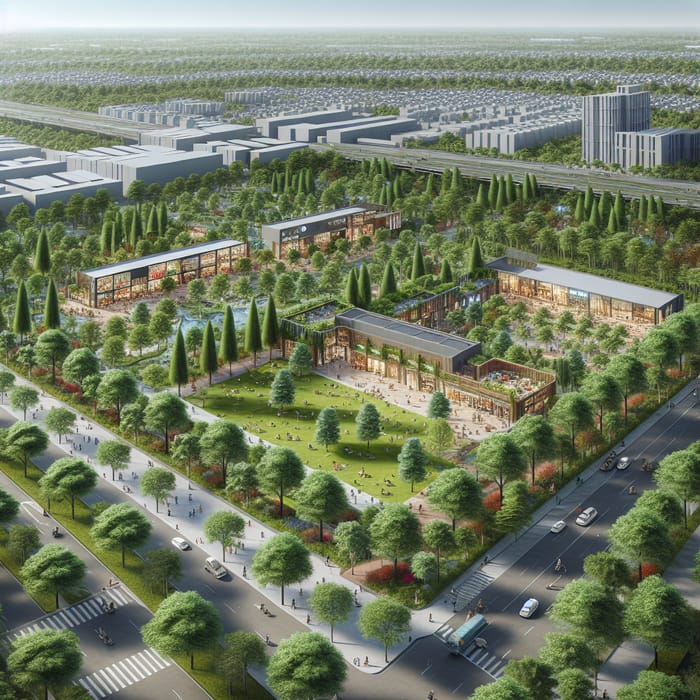 Realistic 4k Rendering of Eco Park with Trees and Commercial Area