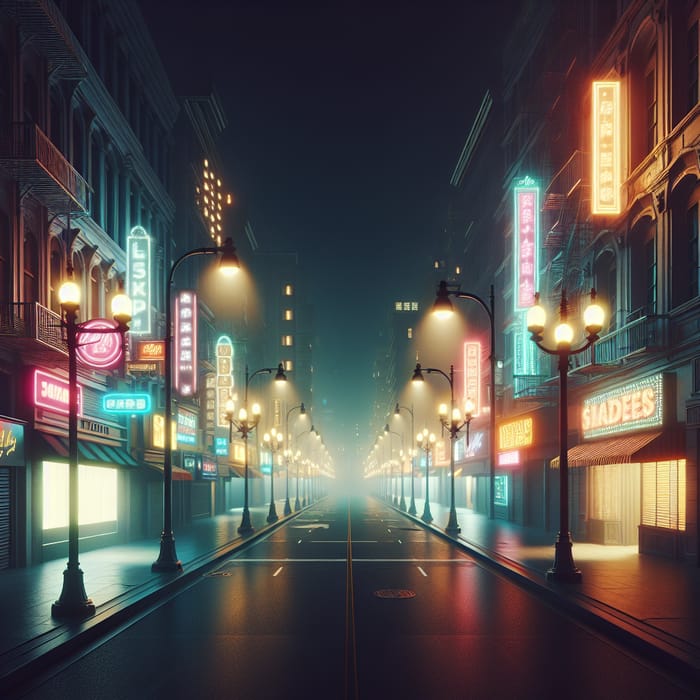 Empty City Streets at Night: Neon Lights & Tranquil Silence