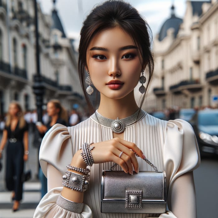 Elegant Asian Fashion Girl with Silver Jewelry and Luxe Purse