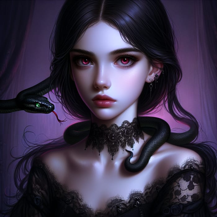 Mysterious Gothic Fantasy Painting of Pale Girl with Black Snake