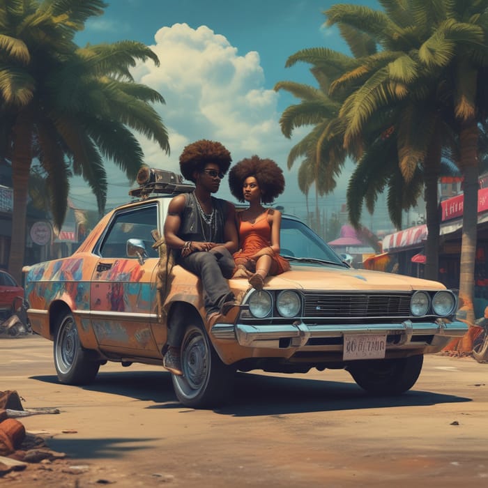 Afro Couple in Flying Car: Cyberpunk Jamaica