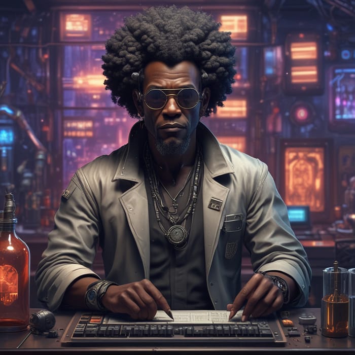 Afro Old Male in Cyberpunk Research Lab