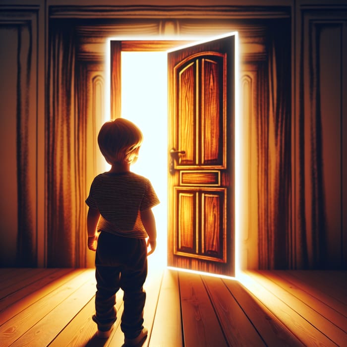 Enchanting Child Waiting by Illuminated Wooden Door
