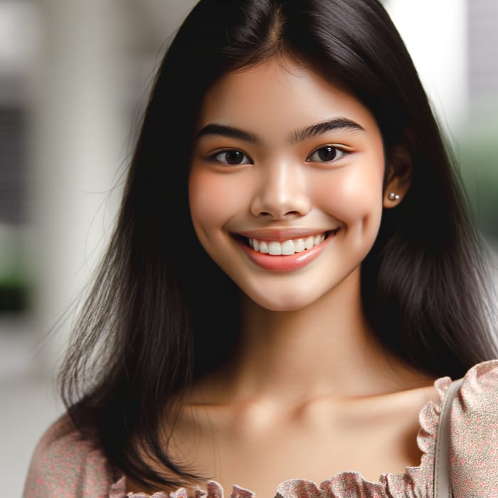 Smiling 17-Year-Old Asian Woman | Tan Complexion, Dimples & Black Hair