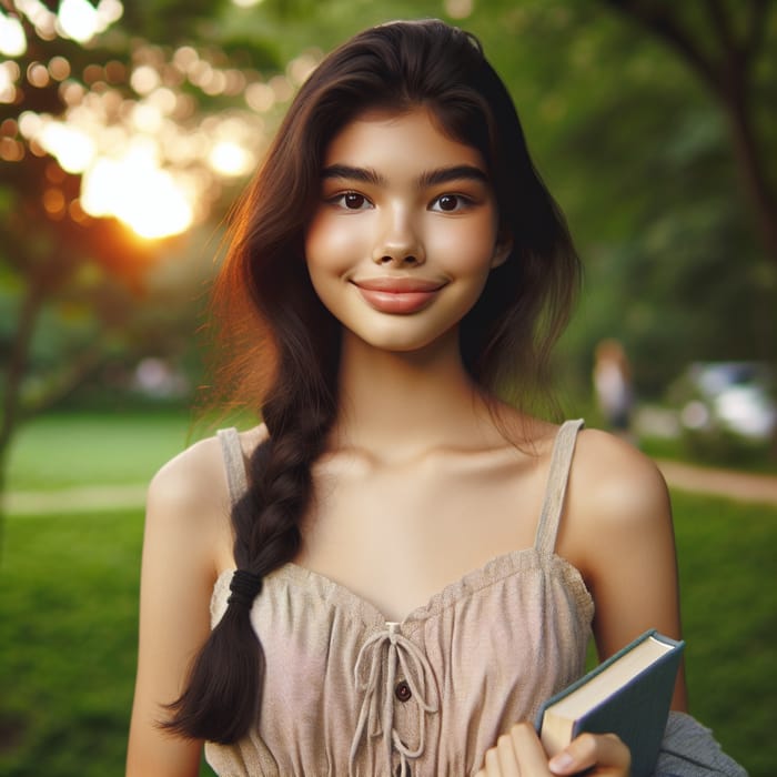 Confident 17-Year-Old Asian Girl With Black Hair in Green Park