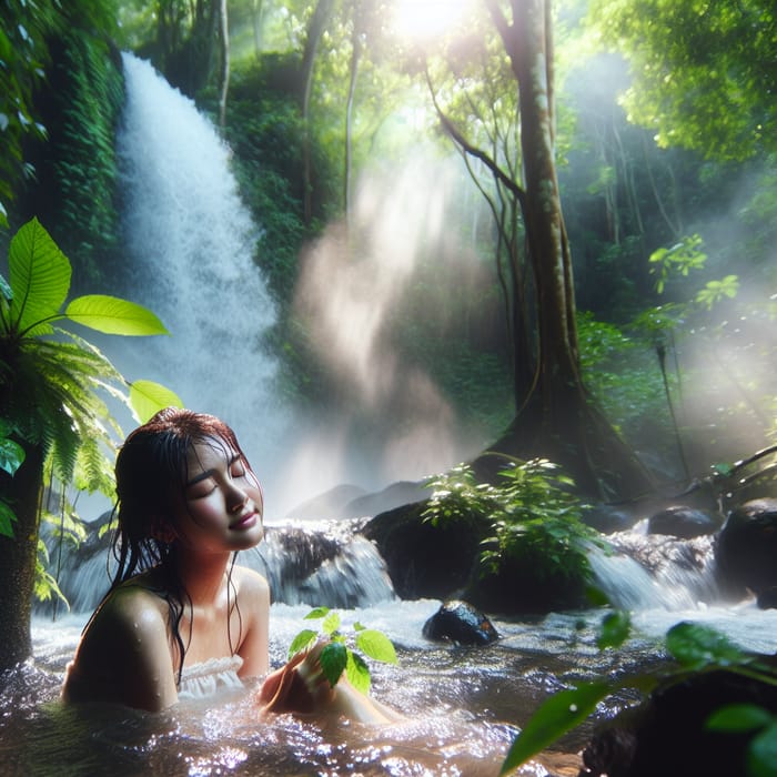 Beautiful Girl Bathing Under Waterfall in a Forest