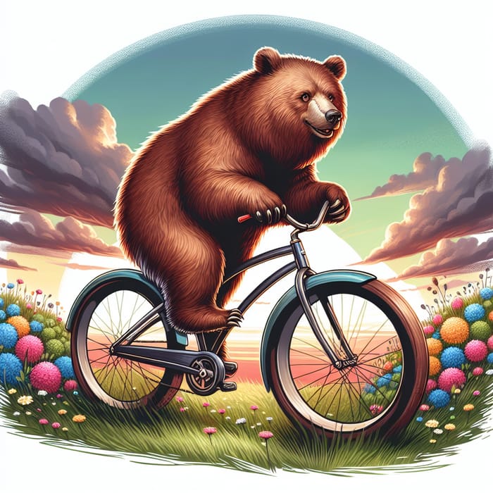 Bear Riding Bike: Majestic Wildlife in Blooming Landscape