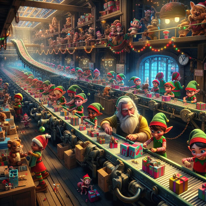 Santa's Toy Factory: Enchanting Conveyor Belt of Toys with Multicultural Elves