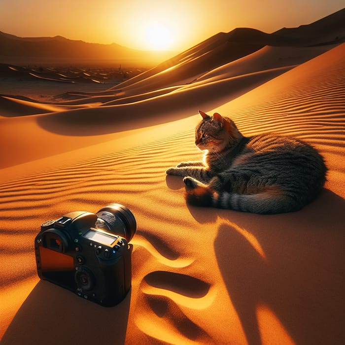 Tabby Cat Resting on Warm Desert Sands at Sunset Tabby Cat Resting on Warm Desert Sands at Sunset