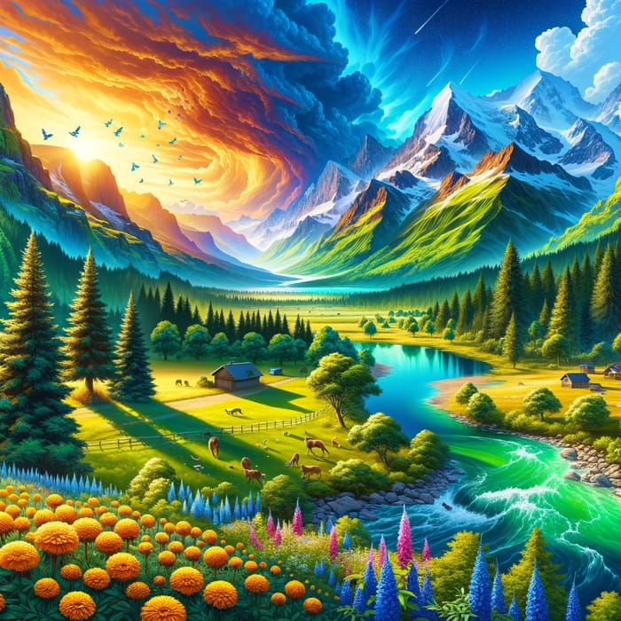 Vibrant Landscape: Forest, Mountains, River, Lake & Flowers