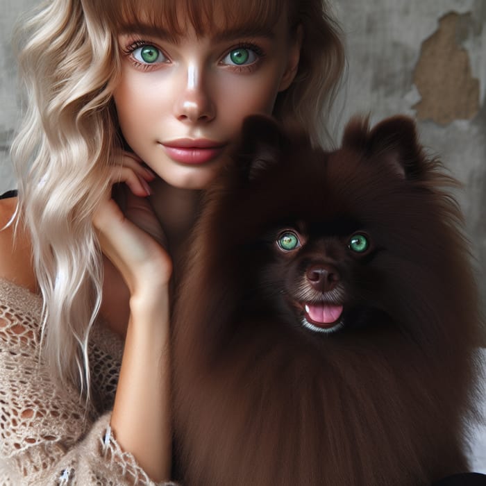 Chocolate German Spitz Dog with Blonde Woman