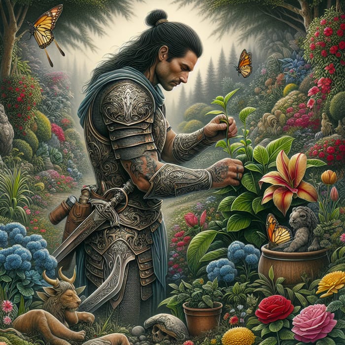 Warrior in the Garden Tattoo Design - Male Warrior amidst Lush Garden