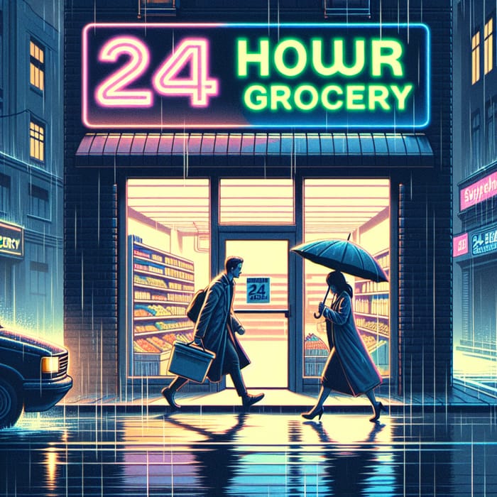 Rainy Night: Neon 24 Hour Grocery Store in Urban Cityscape