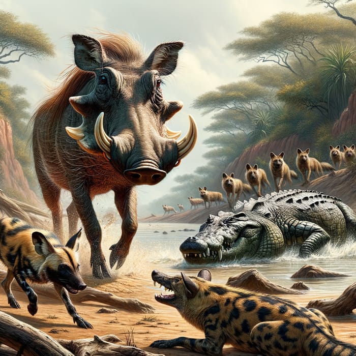 Dramatic African Scene: Warthog Surrounded by Wild Dogs and Crocodile