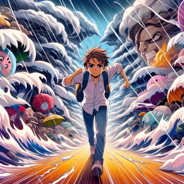 Courageous Anime Boy Conquers Challenges Amid Turbulent Weather