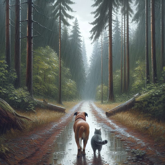 Cat and Dog on Rainy Forest Trail