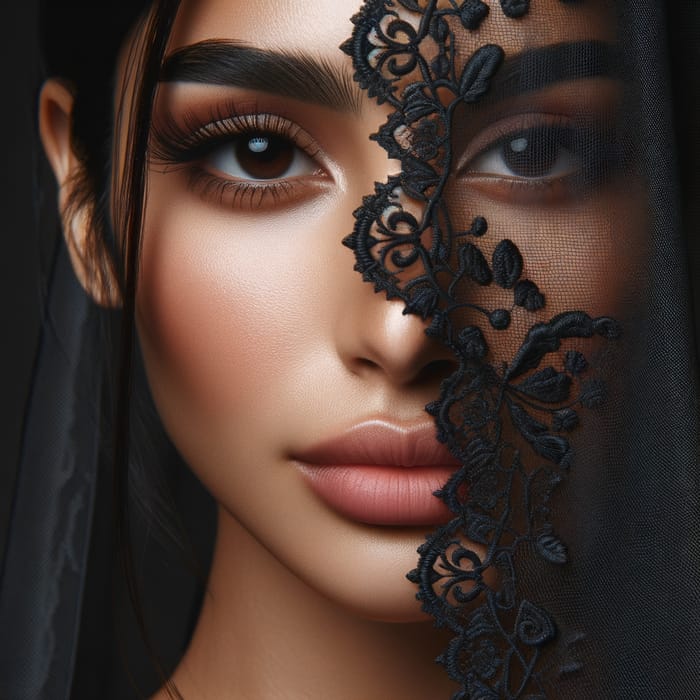 Elegant Hispanic Woman with Veil Covering Half Face and Delicate Filigree Decor