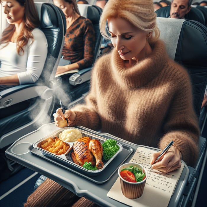 In-Flight Dining Experience: Passenger Writing Note While Meal is Served