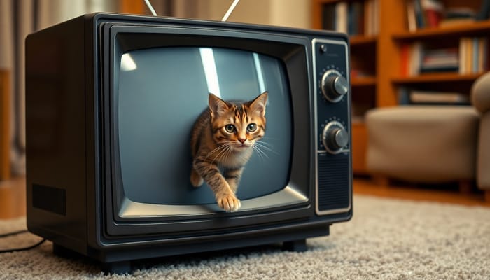 Cat Emerges from Vintage TV in Cozy Living Room