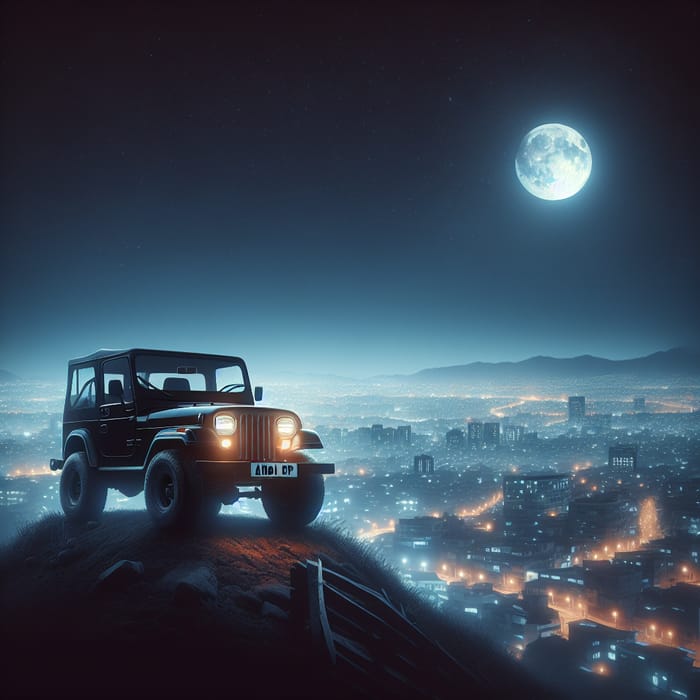 Night View from a Hill with a Black Jeep