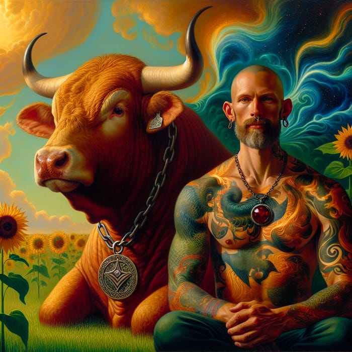 Serene Bull & Man in Colorful Field Painting