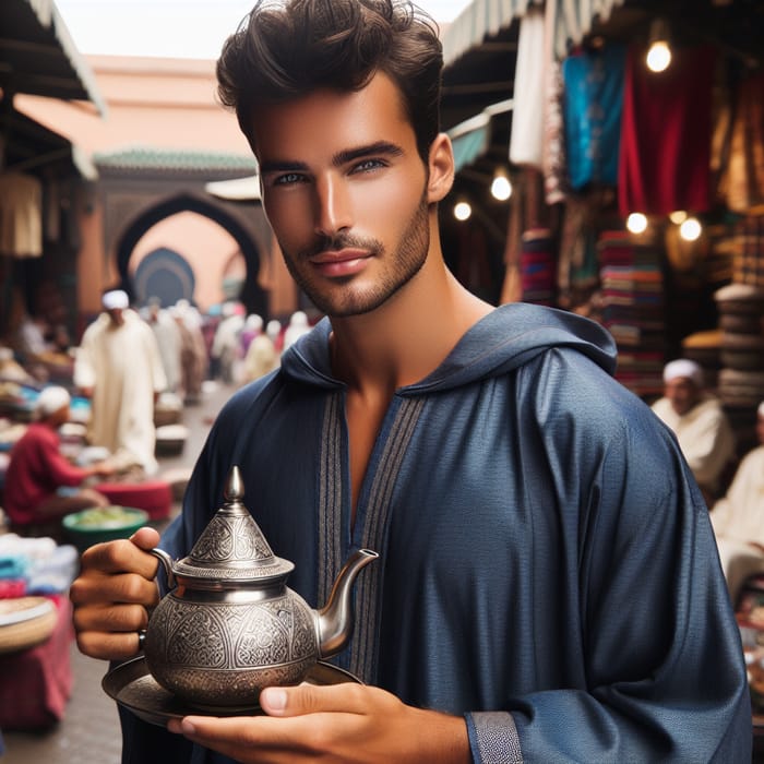 Traditional Morrocan Man in Djellaba with Teapot