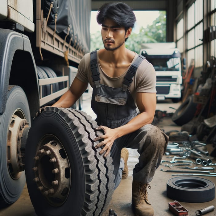 Man Changing Wheel on Cargo Truck