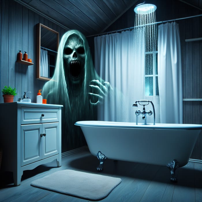 Eerie Bathroom Scene with Terrifying Apparition