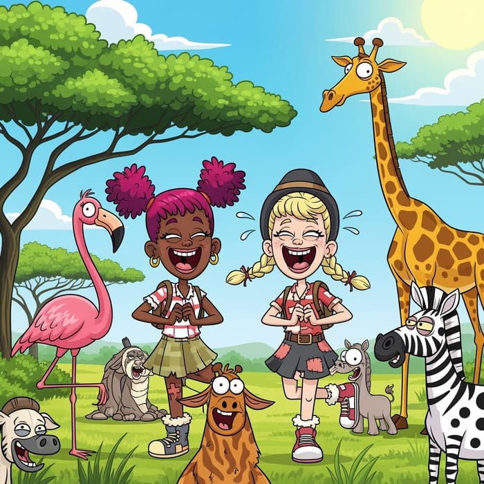 Funny 2D Cartoon of Girls on Safari in Africa
