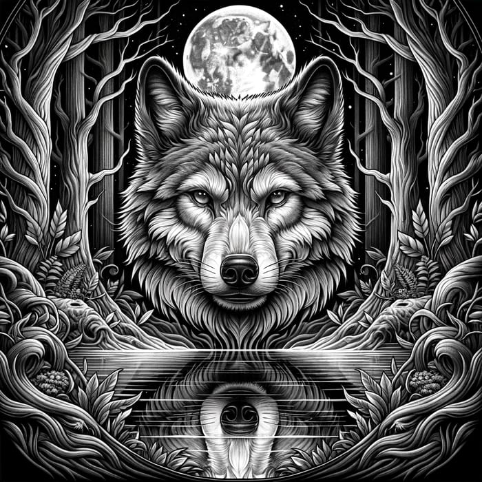 Intricate Black and White Wolf Tattoo Design with Moonlit Forest