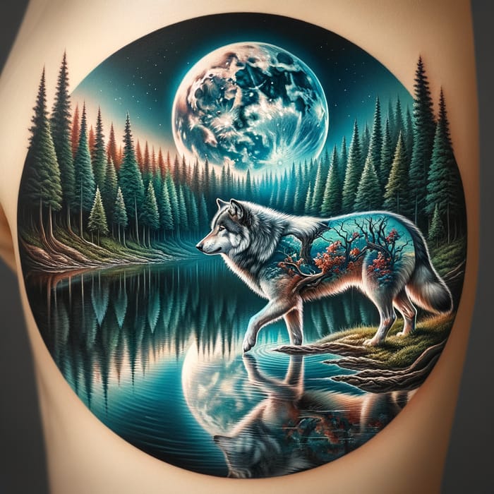 Majestic Wolf Tattoo in Moonlit Forest with Reflection