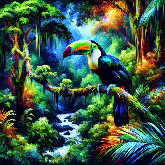 Bold Toco Toucan Illustration in Tropical Rainforest | Vibrant Wildlife Art