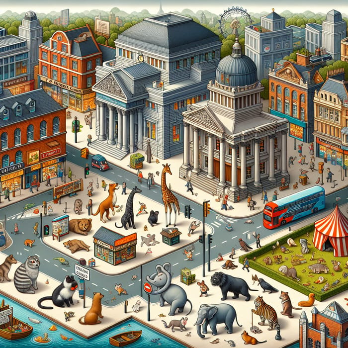 Vibrant City Map: Beasts Near Landmarks and Buildings