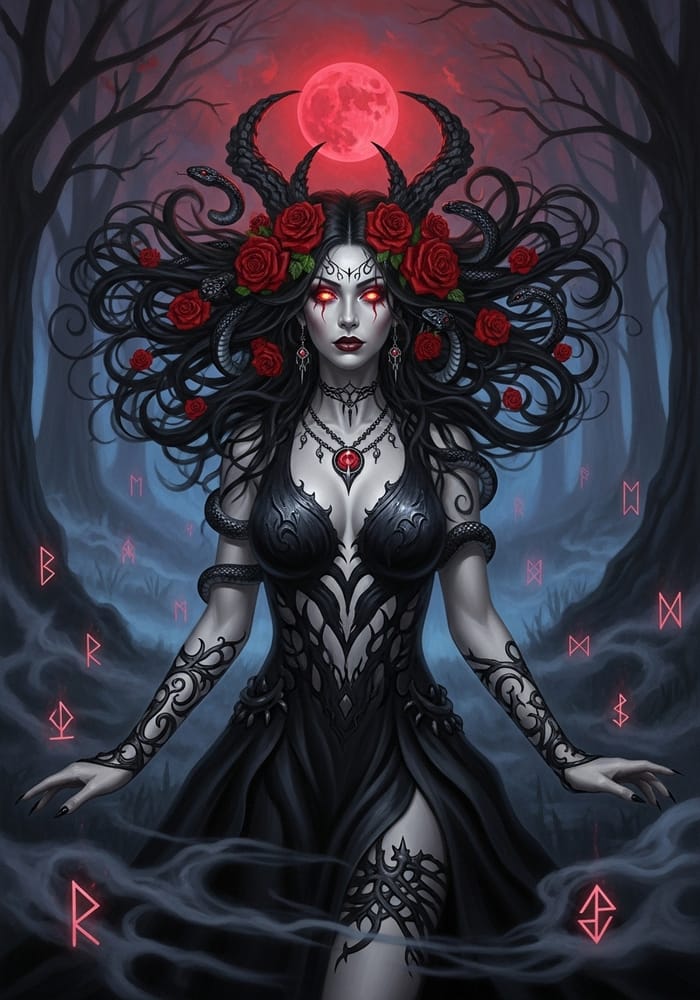 Enigmatic Goddess Lilith: Dark Oil Painting Enigmatic Goddess Lilith: Dark Oil Painting