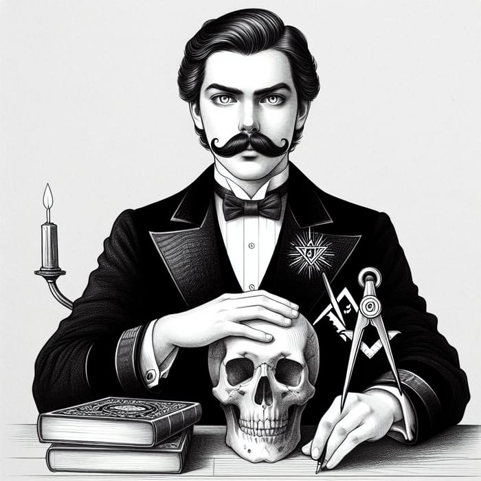 Masonic Occultist in 19th Century Black Suit with Skull and Compass