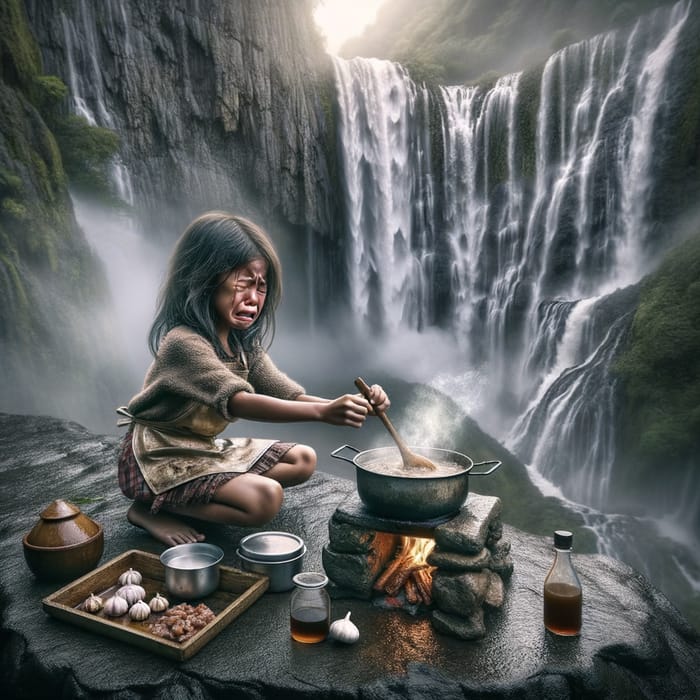 Filipino Girl Cooking Adobo by Waterfalls