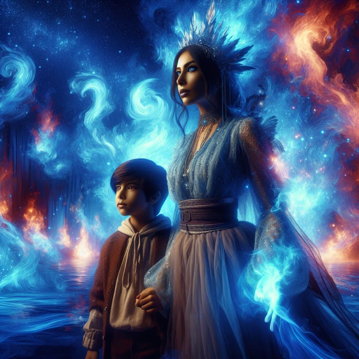 Mystical Woman & South Asian Brother in Ethereal Flames | Surreal Digital Painting