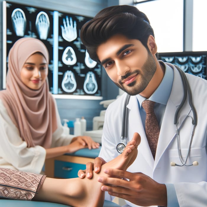 Specialist Foot Doctor Treating Patient with Assistant, MRI, and X-rays