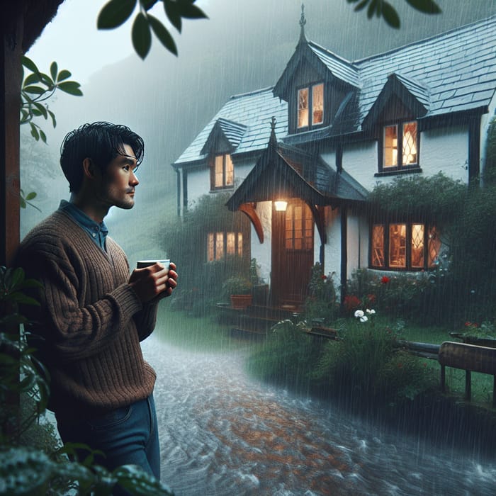 Romantic Rainy Scene: Asian Man in Country House