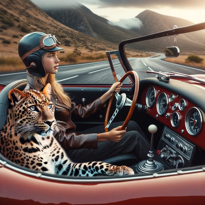 Girl Driving Classic Porsche with Majestic Leopard Companion