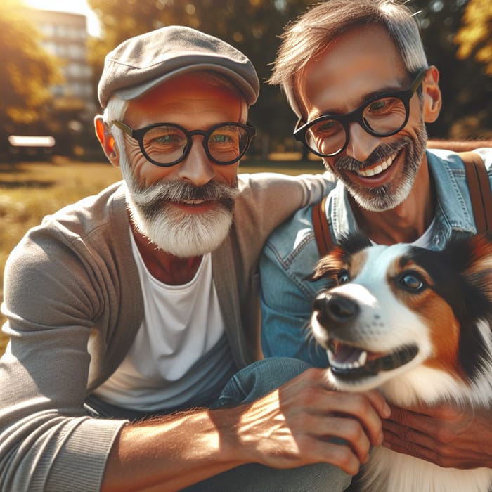 Man with Cap Playing with White, Black & Brown Dog