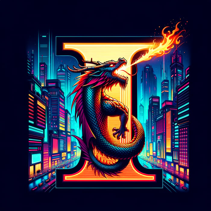 Fiery Dragon Logo in Neon Cyber City - Urban Fantasy Design