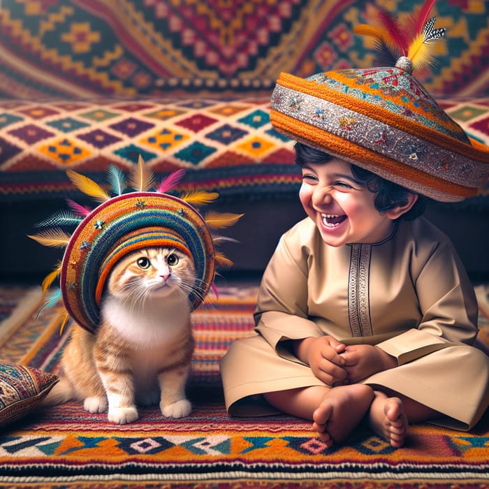 Omani Child and Cat in Funny Hats on Mat